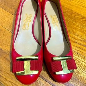 Salvatore Ferragamo red patent wedge heels, size 7.5